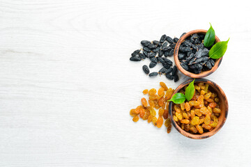 Delicious sweet raisins from grapes. Dried fruits. Top view. Free space for your text.