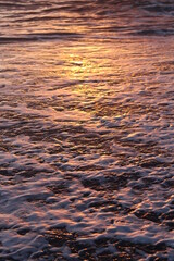 Gold and rainbow water on the sand at the beach. Retreating ocean wave casting shadow at sunset.