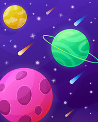 Poster space. Universe with planets, stars and comets vector illustration. Galaxy in cartoon style. Multicolored colorful planets
