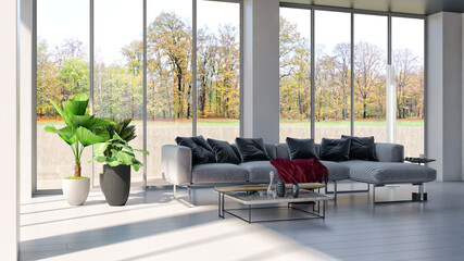 Illustration 3D rendering large luxury modern bright interiors Living room mockup computer digitally generated image