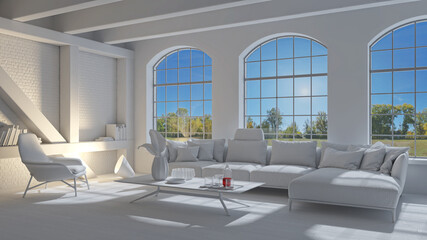 Illustration 3D rendering large luxury modern bright interiors Living room mockup computer digitally generated image