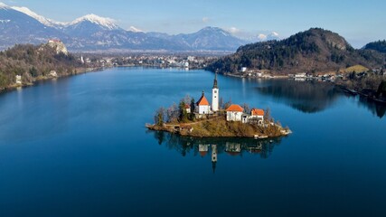 Lake Bled with winter Alps and church view