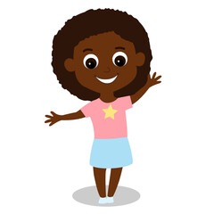 Little adorable African or African American girl smiles and waves her hand. The child has brown hair and eyes, the girl is wearing a shirt and skirt. Vector illustration isolated on white background.