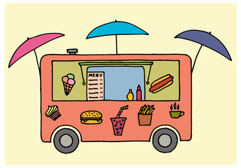 Catering van Food truck design. A small van, a diner on wheels. Hand Drawn.