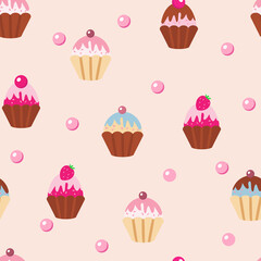 Raspberry and strawberry glazed muffins with cherries and strawberries on a pink background. Seamless pattern in children's cartoon style.
