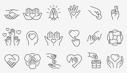 Charity line icon set. Collection of donate, volunteer, humanitarian, hope and more. Vector illustration. Editable stroke.