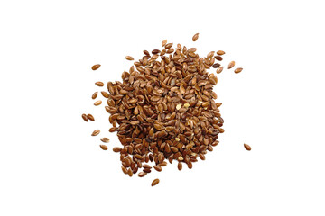 Pile of flax seeds isolated on white background. Linseed top view.