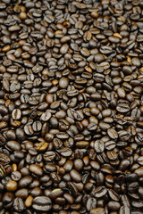 Coffee beans background, top view.