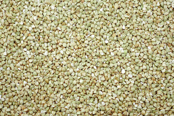 Green raw buckwheat grain top view. Uncooked buckwheat background.