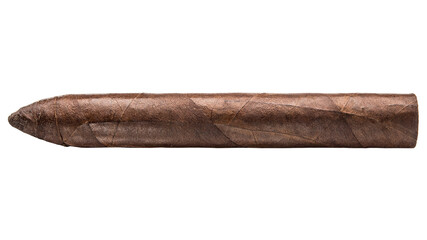 Cigar Torpedo. Handcrafted Maduro cigar made with real tobacco leaves. Smoking causes addiction and cancer. Nicotine Damage your health. Macro photo. Cigars from Cuba Havana. White isolated background