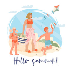 Hello summer card template with happy family by the sea. Mother and children in summer. Family summer and beach vacations, flat vector illustration isolated white background.