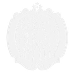White embossing. Raster illustration of portrait cartoon funny woman in oval frame. Portrait of a woman in a historical costume