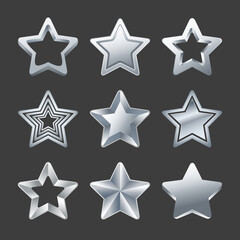 Set of different silver ranking stars. Silver stars collection isolated on black background. Suitable for  game user interface, icons, award and rank. Vector illustration EPS10