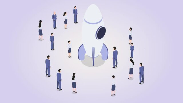 Crowded business people standing around a rocket