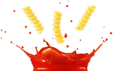 Corkscrew shaped pasta falling into a tomato sauce splash isolated on white background. Tasty...