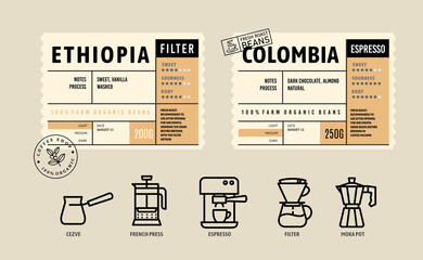 Coffee package with text and line icons. Paper packaging label. Design template.