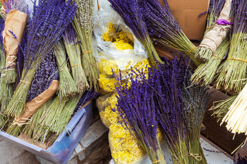 Dried lavender flowers. Bouquets of lavender in a basket in a flower shop. Lavender in Turkey