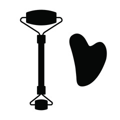 Roller massager and guasha massage icon isolated on white background. Guasha heart shaped black stone. Vector stock illustration.