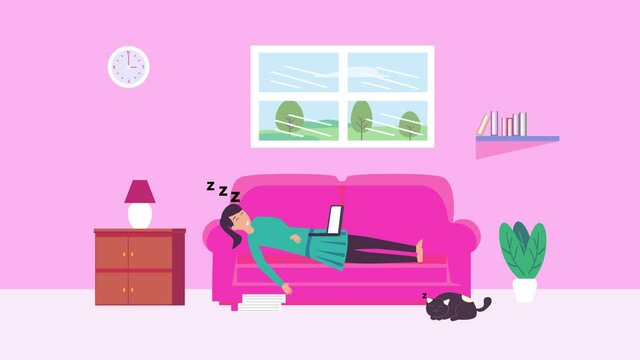 Exhausted female student sleep with laptop at home