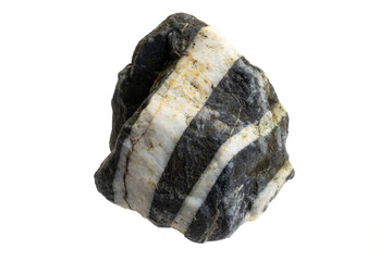 black stone with white quartz stripes against white isolated background