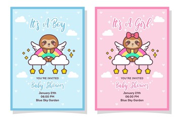 Cute Baby Shower Boy And Girl Invitation Card With Sloth, Cloud, Rainbow, And Stars