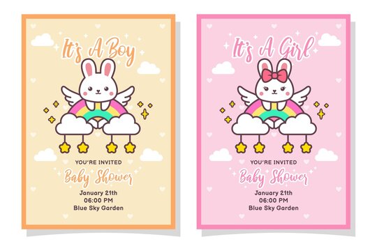 Cute Baby Shower Boy And Girl Invitation Card With Rabbit, Cloud, Rainbow, And Stars
