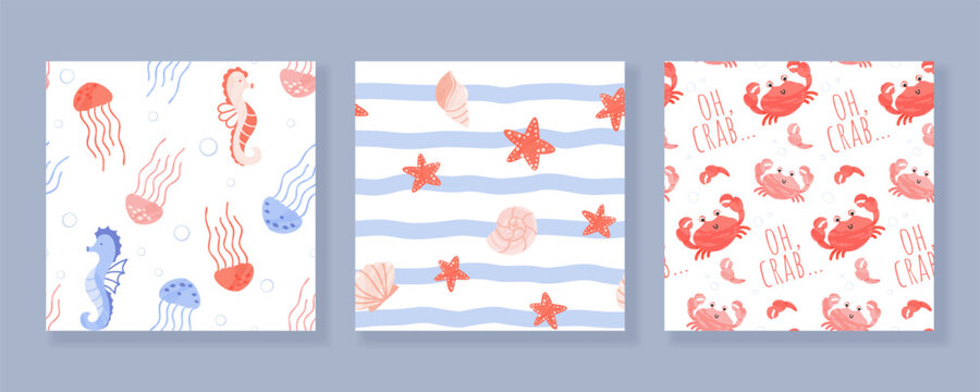 Set of seamless patterns with sea and ocean animals and shells. Vector cartoon illustration