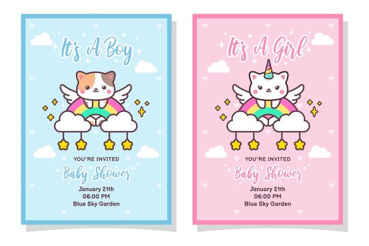 Cute Baby Shower Boy And Girl Invitation Card With Cat, Cloud, Rainbow, And Stars