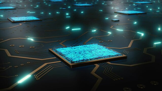 Technology background processor circuit. Virtual hi tech animation closeup. Concept of data transmission, computer communication. Digital information travels.