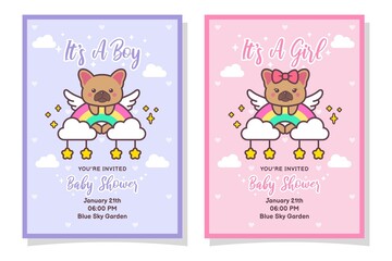 Cute Baby Shower Boy And Girl Invitation Card With French Bulldog Dog, Cloud, Rainbow, And Stars