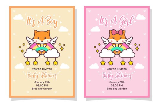 Cute Baby Shower Boy And Girl Invitation Card With Fox, Cloud, Rainbow, And Stars