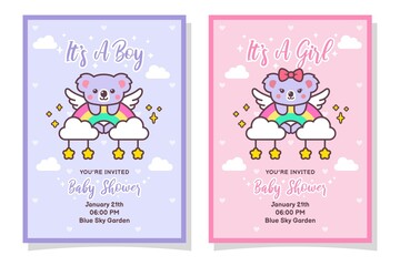 Cute Baby Shower Boy And Girl Invitation Card With Koala, Cloud, Rainbow, And Stars