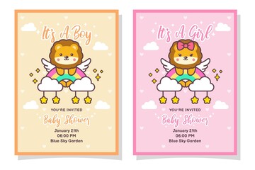 Cute Baby Shower Boy And Girl Invitation Card With Lion, Cloud, Rainbow, And Stars