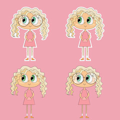 Cute little girl stickers and clipart set. Vector illustration.