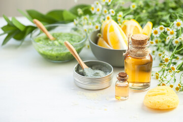 Refreshing handmade cucumber and clay mask. Self care, home face and body treatment durine lockdown. Concept of natural organic ingredients and essential oil in cosmetics. Zero waste, eco friendly