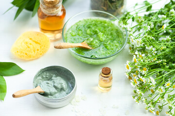 Refreshing handmade cucumber mask. Self care, home face and body treatment durine lockdown. Concept of natural organic ingredients and essential oil in cosmetics. Zero waste, eco friendly. Close up