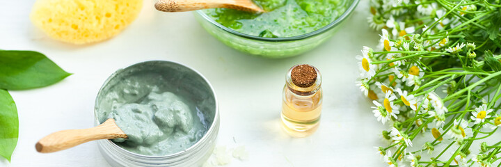 Refreshing handmade cucumber mask. Self care, home face and body treatment durine lockdown. Concept of natural organic ingredients and essential oil in cosmetics. Zero waste, eco friendly. Banner