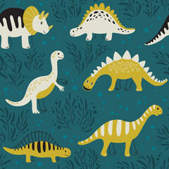 Different dinosaurs on a dark background - Seamless pattern. Vector Background for fabric, textile, posters, gift wrapping paper. Print for kids, baby, children
