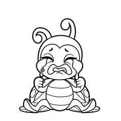 Cute cartoon little ladybug sitting on the floor and crying sobbing outline for coloring page isolated on white background