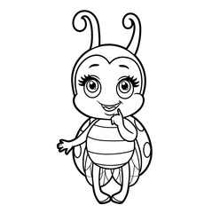 Cute cartoon little ladybug stand outline for coloring page isolated on white background