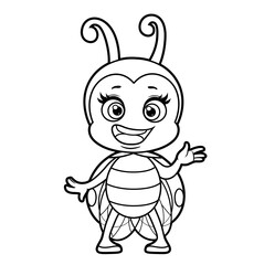 Cute happy cartoon smiling little ladybug tells something outline for coloring page isolated on white background