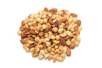 Mix of nuts isolated on white background. Top view.