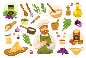 Set of ingredients, spices, seasonings, herbs for making homemade sauces. Simple icons for recipe. Onion, garlic, tomato, parmesan, basil, olive oil, cream, pine nuts. Hand-drawn vector illustrations.