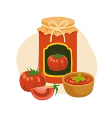 Canned homemade tomato sauce. Classic italian dressing with basil in a wooden bowl. Vector hand-drawn illustration; isolated on white background.