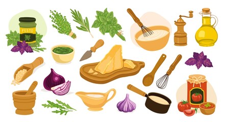 Set of cooking italian food hand-drawn elements. Cooking recipe icons. Spices, herbs, condiments, ingredients. Parmesan pesto sauce, tomato, onion, garlic, basil. Hand-drawn vector illustration.