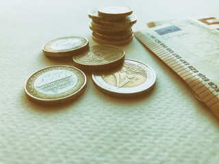 Euro coins and banknotes. European currency project