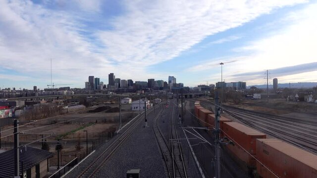 Railroad view against a background of Denver skyline