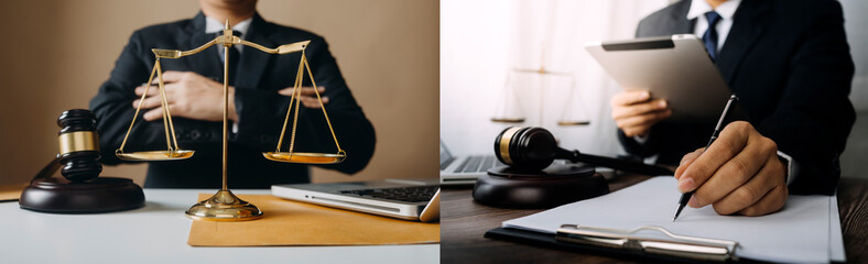 Justice and law concept.Male judge in a courtroom with the gavel, working with, computer and...