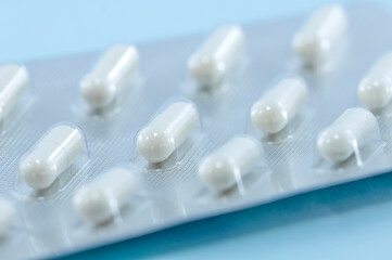 Blister of  white pills closeup. Pharmacy