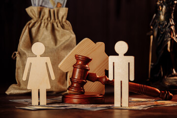 Bag of money, people and the judge's hammer. The concept of divorce